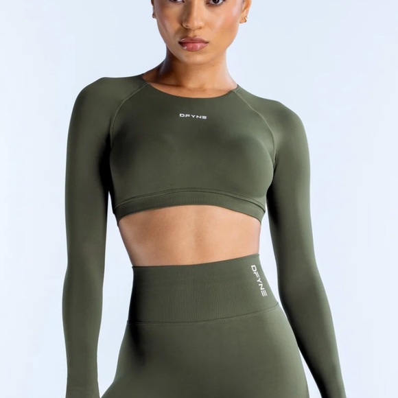 DFYNE Olive Green Long Sleeve Crop Top - Picture 1 of 5